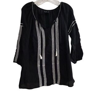 GAP Women's Black Embroidered Peasant Blouse Size L Long Sleeve Casual